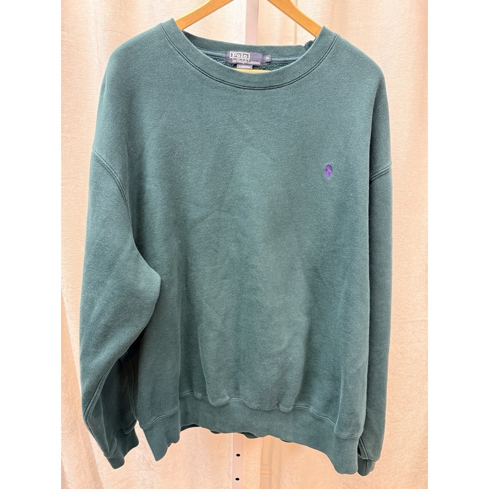 Vintage 90's Polo Ralph Lauren Green Crewneck Sweatshirt Pullover XL Purple Pony